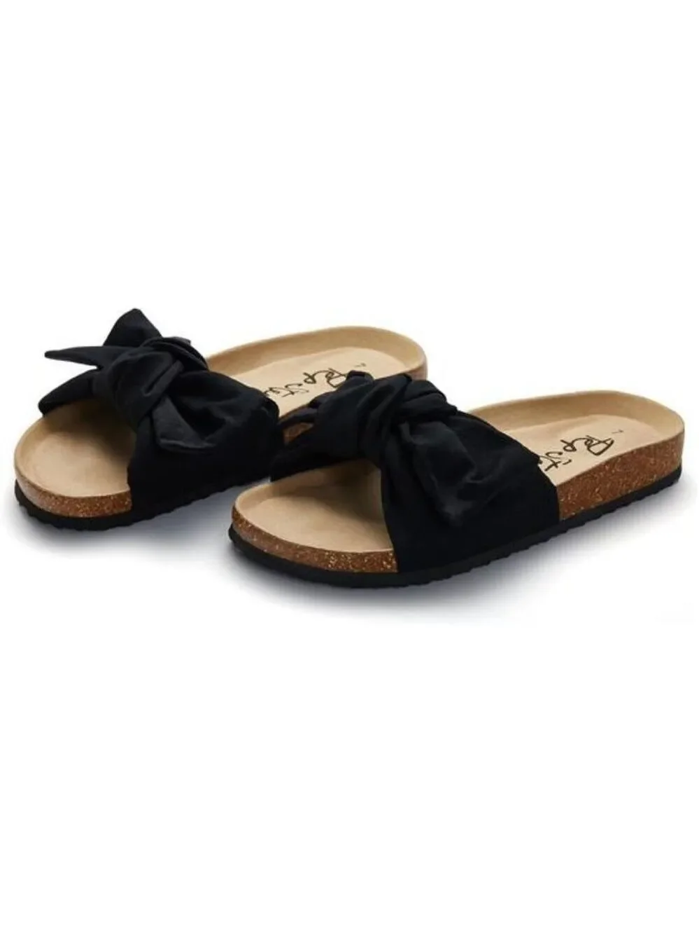 Women Slide Sandals with Bow Slip On Flat Summer Cork Footbed Comfy Shoes